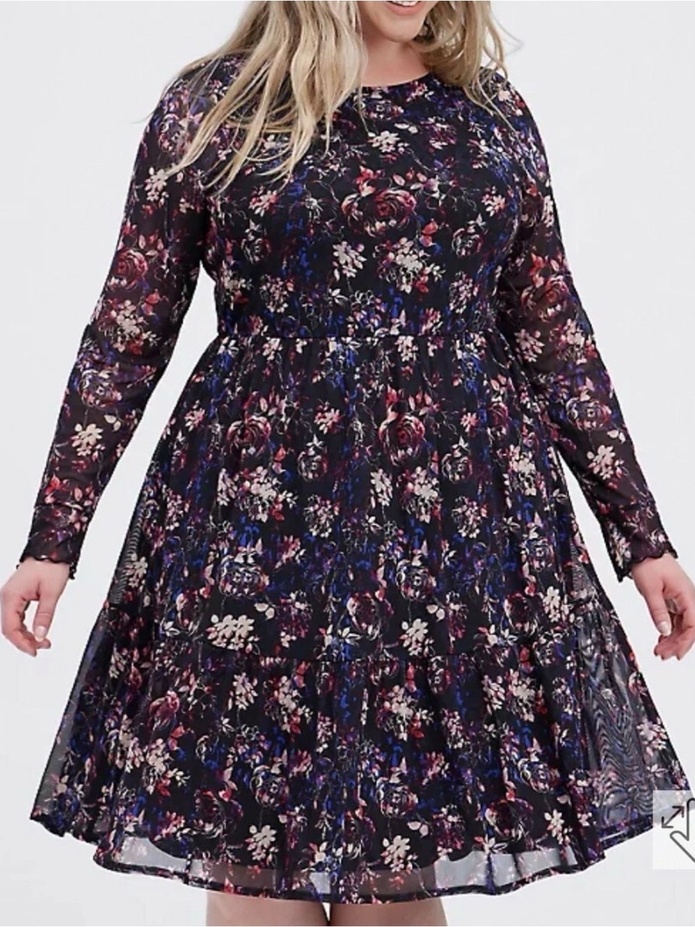 torrid Mesh Floral Black Long-Sleeve Ruffled Mini Dress Size 2